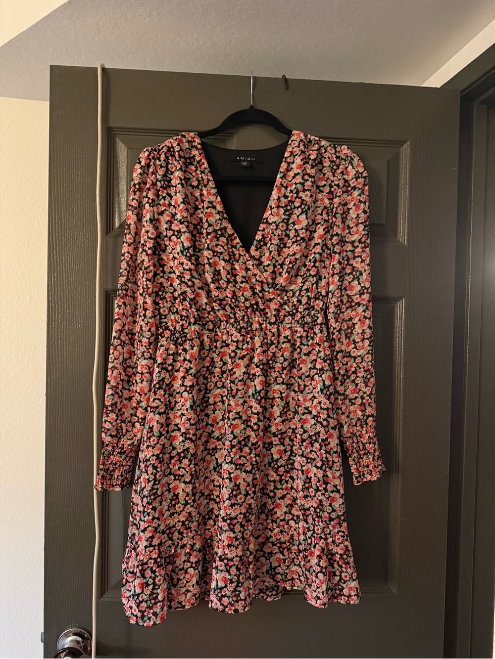 Floral Long Sleeve Wrap Dress with Pink and red Blossoms